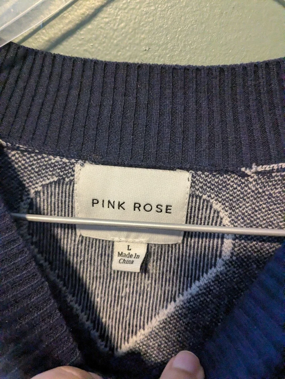 Pink Rose Navy Crewneck Sweater with Cream Hearts and Red Accent - Picture 3 of 3